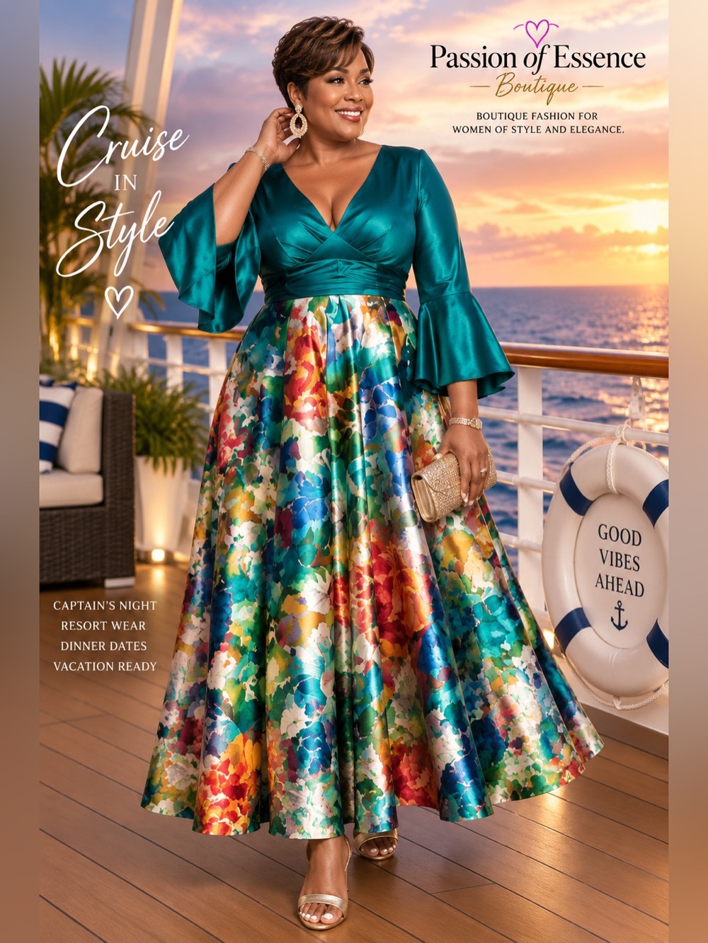 Plus Size Peacock Teal Floral Cruise Maxi Dress Bell Sleeve 1XL